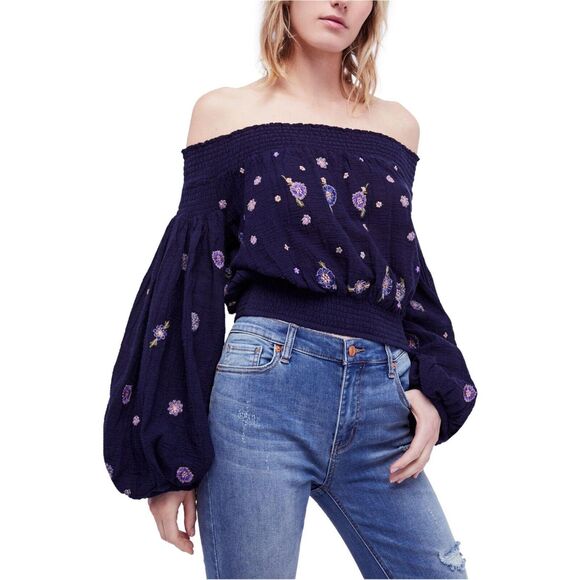 FREE PEOPLE SAACHI SMOCK Off the Shoulder EMBROIDERED FLORAL TOP Size M Boho - Picture 3 of 9